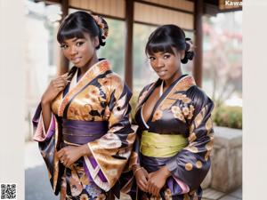 A woman in a blue kimono posing for a picture.