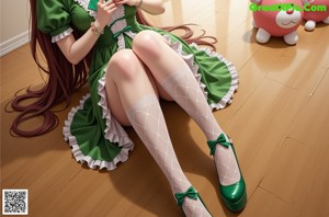 a woman in a green dress sitting on the floor