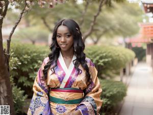 A woman in a purple kimono smoking a cigarette.