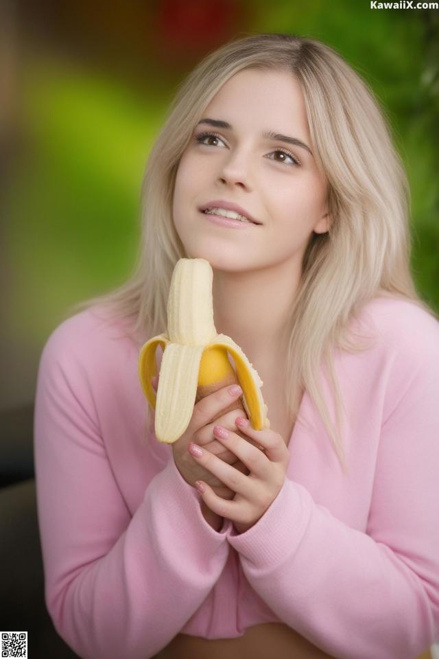 A young woman holding a banana in her hands.