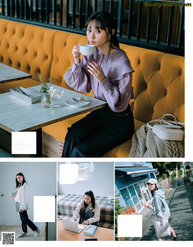 A woman sitting at a table with a cup of coffee.