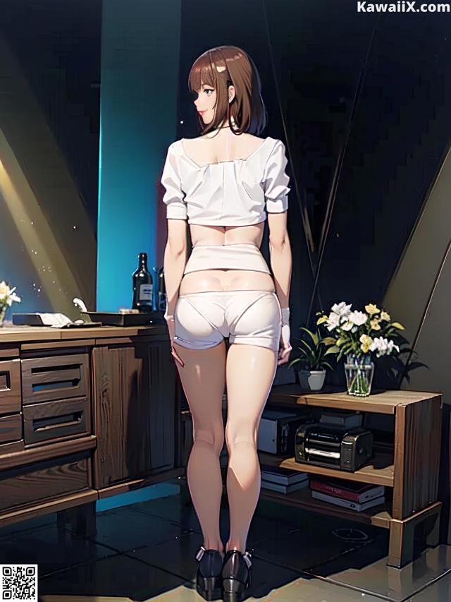 A woman in a white shirt and shorts standing in a room.