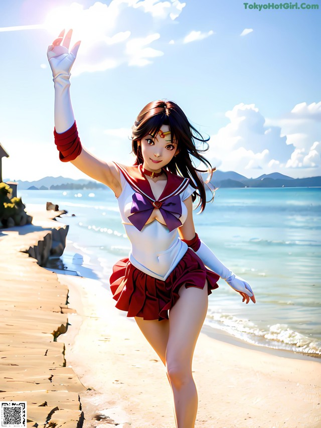 A woman in a sailor outfit is standing on the beach.