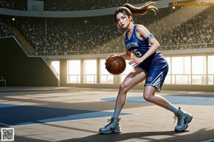 A woman in a basketball uniform is playing basketball with a man.