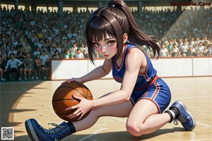 A woman holding a basketball on top of a basketball court.