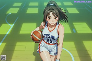 A woman in a red and white uniform crouching on a basketball court.