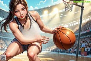 A woman holding a basketball in front of a crowd of people.