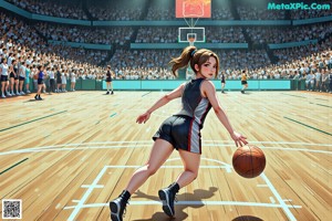 A woman in a basketball uniform is playing basketball with a man.