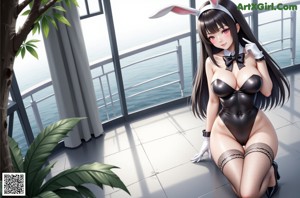 A woman in a bunny costume sitting on a chair.