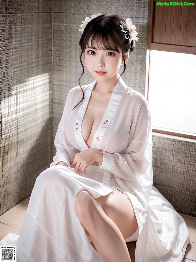 A woman in a white robe sitting on a wooden floor.