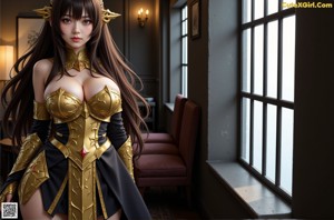 A woman in a gold and purple outfit leaning against a window.