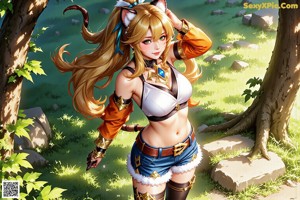 A woman in a white top and blue shorts holding a cat tail.