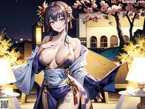 A woman in a kimono sitting on a bed.