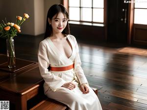 A woman in a blue and white hanbok poses for a picture.