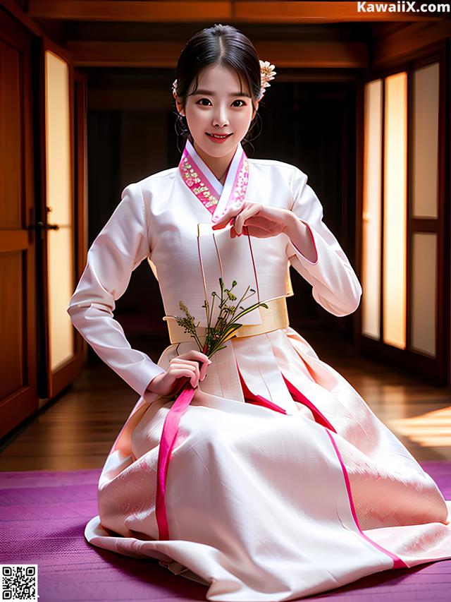 A woman in a white and pink hanbok sitting on a purple mat.