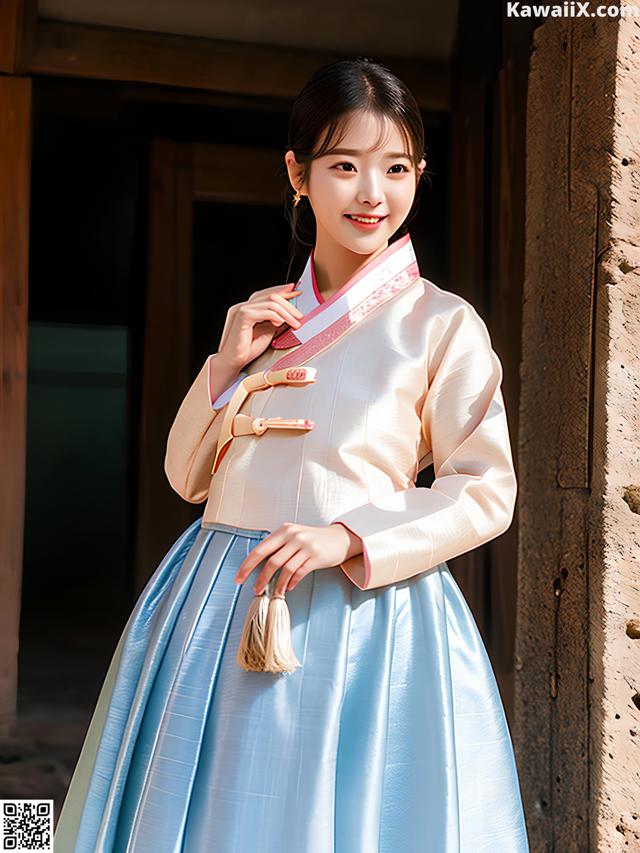 A woman in a blue and white hanbok poses for a picture.