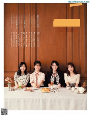 A group of young women sitting at a table with cups of coffee.