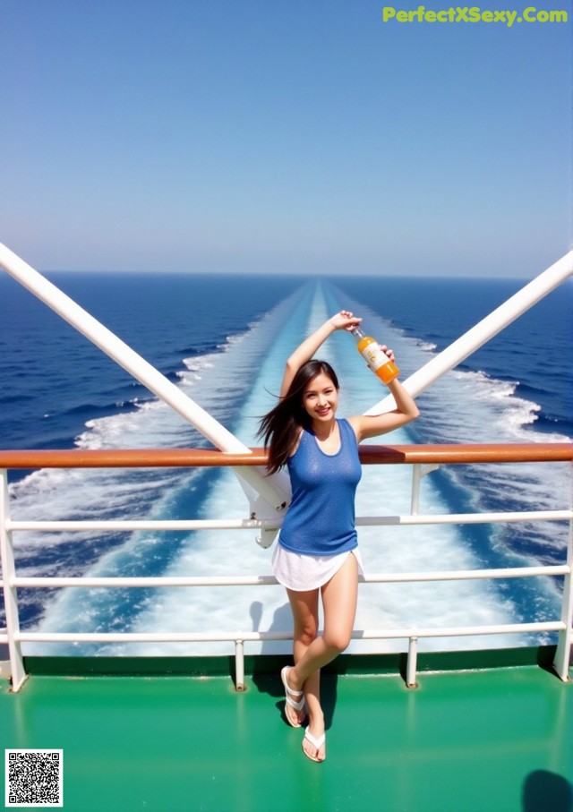 A woman standing on the deck of a cruise ship holding a bottle of orange juice.