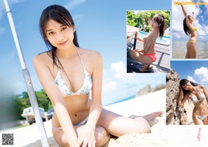 A woman in a bikini posing on a beach.