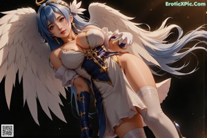 a woman with white hair and angel wings posing for a picture