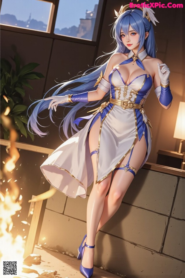 Hentai - Captivating Grace of the Cosmic Maiden Set.1 20250124 Part 13 No.e698e0 A woman in a blue and white dress standing next to a fire.