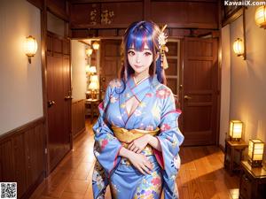 A woman in a kimono standing in a garden.