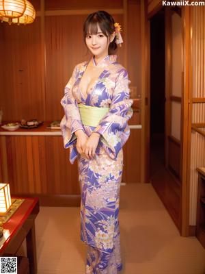 A woman in a blue kimono and a straw hat on a beach.