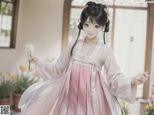 A woman in a pink and white kimono is posing for a picture.
