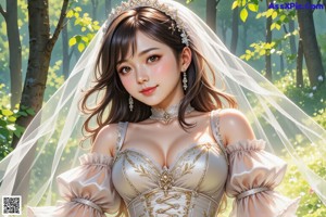 A woman in a wedding dress is walking through the woods.