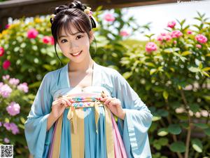 A woman in a pink and blue hanbok is posing for a picture.