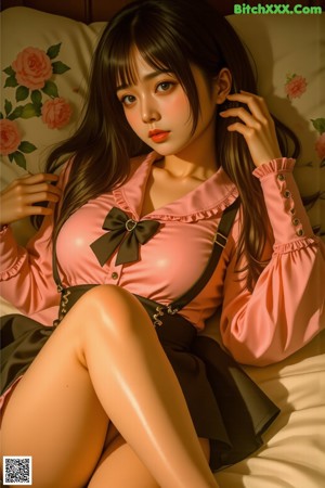 A woman in a pink shirt and black stockings sitting on a bed.