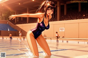 A woman in a black bathing suit standing in a pool.