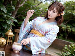 A woman in a purple kimono posing for a picture.