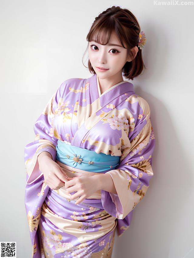 A woman in a purple and blue kimono posing for a picture.