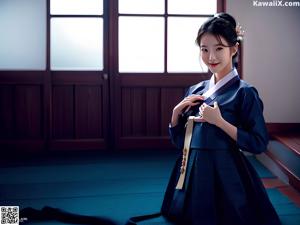 A woman in a blue and white hanbok holding a flower.