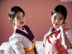 A woman in a green and white hanbok is posing for a picture.