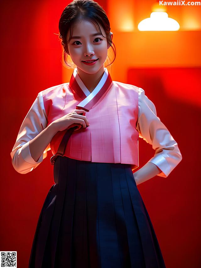 A woman in a pink and black hanbok poses for a picture.