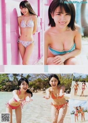 Two young women in bikinis posing for a picture. 