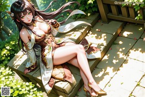 A woman in a blue and gold outfit sitting on the ground.