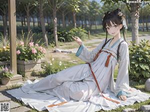 A woman in a white kimono sitting on a bed.