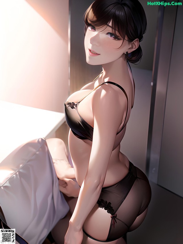 A woman in a black lingerie sitting on a bed.