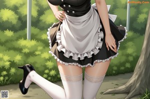 A woman in a maid outfit standing on a beach.