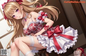 A woman in a maid outfit sitting on a chair.