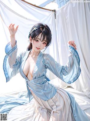 A woman in a blue kimono sitting on a bed.