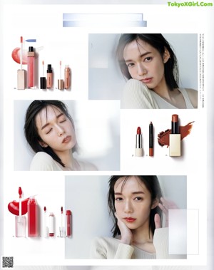 A magazine page with a picture of a woman with makeup products.