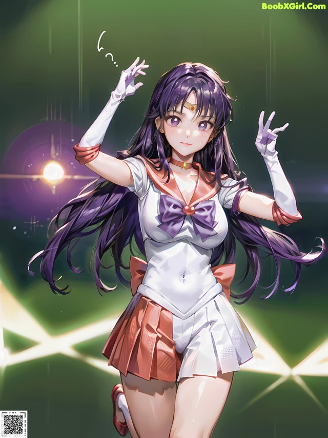 A girl with long purple hair is dancing in the rain.