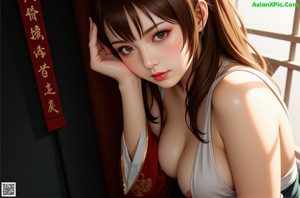 A woman in a red and white bikini sitting on a bed.