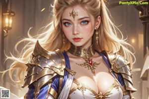 a woman with long blonde hair and blue eyes holding a sword