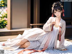 A woman in a kimono sitting on a bed.