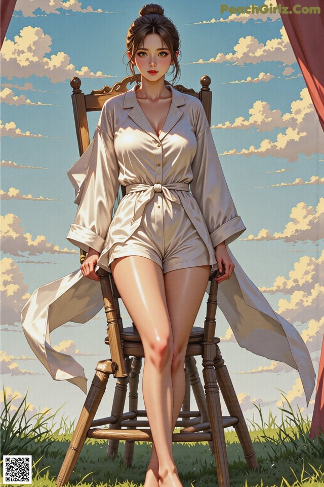 A woman sitting on a wooden chair in a field.